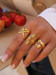 Uself 3pcs/1pc Set Women Thick Gold Stainless Steel Rings, Fashion Rings, Waterproof, Suitable For Daily Wear, Holiday Gift, Jewelry For Her - Multicolor - View 6