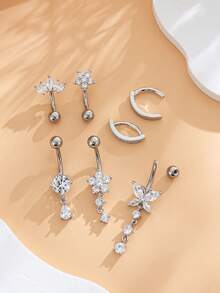 7pcs Stainless Steel Butterfly & Water Drop Navel Rings Set, Classic Belly Button Piercing Jewelry With Shiny Zirconia Stones, Suitable For Daily Wear - Silver - View 3