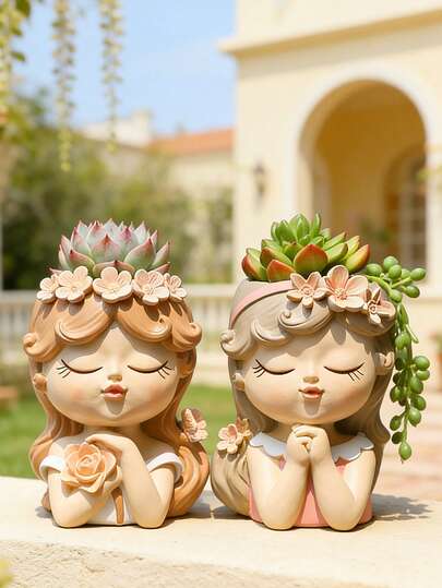 树脂可爱女孩造型花盆，带排水孔，卡通人物多肉植物盆，室内植物装饰花盆，适用于书桌、书架、卧室、客厅、办公室，是送给植物爱好者、女性、朋友的独特礼物，适合生日、乔迁之喜等场合，也是美观的家居装饰点缀。