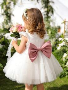 女婴蕾丝边盖袖薄纱蝴蝶结派对公主裙，优雅正式礼服，适合宝宝 1 岁生日、婚礼、派对、节日庆典 - 白色 - 查看 1