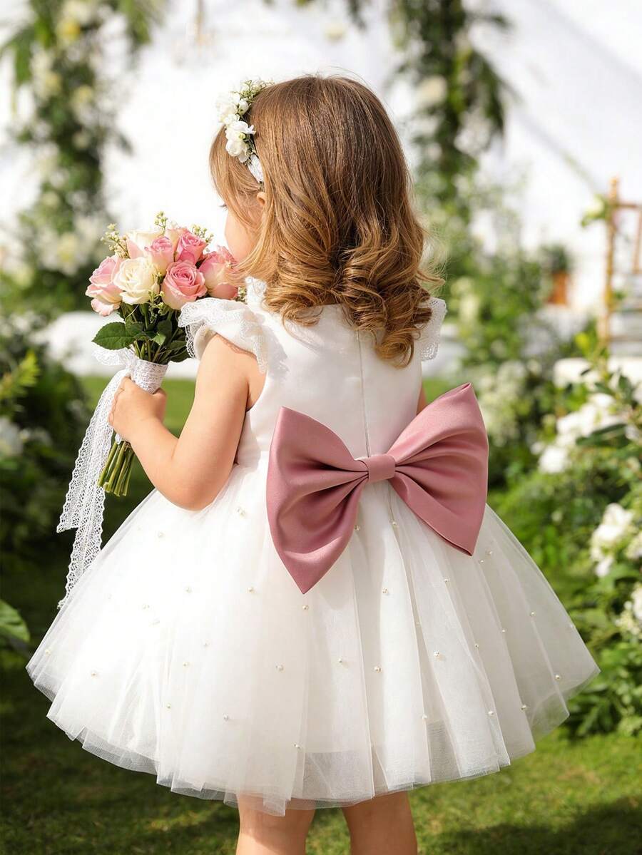 女婴蕾丝边盖袖薄纱蝴蝶结派对公主裙，优雅正式礼服，适合宝宝 1 岁生日、婚礼、派对、节日庆典 - 白色 - 查看 1