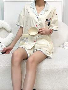 两件套女士睡衣套装，包括翻领短袖格子印花口袋上衣和波点印花短裤，居家休闲舒适。 - 黃色 - 查看 4