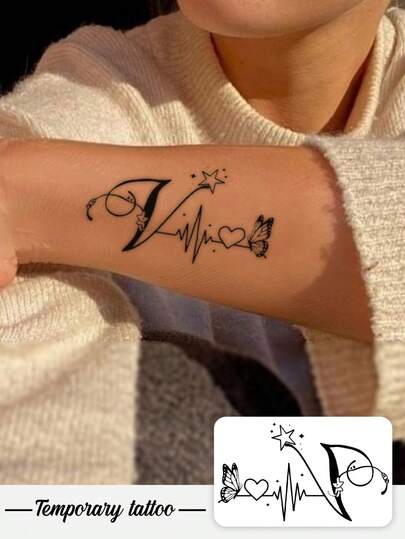 1 pieza Tatuaje temporal artístico de mariposa y electrocardiograma en "V", lavable, impermeable, a prueba de sudor y antirreflejo. Tatuaje temporal duradero para el pecho/clavícula. Pegatina de tatuaje de letra en inglés personalizada apta para uso diario.