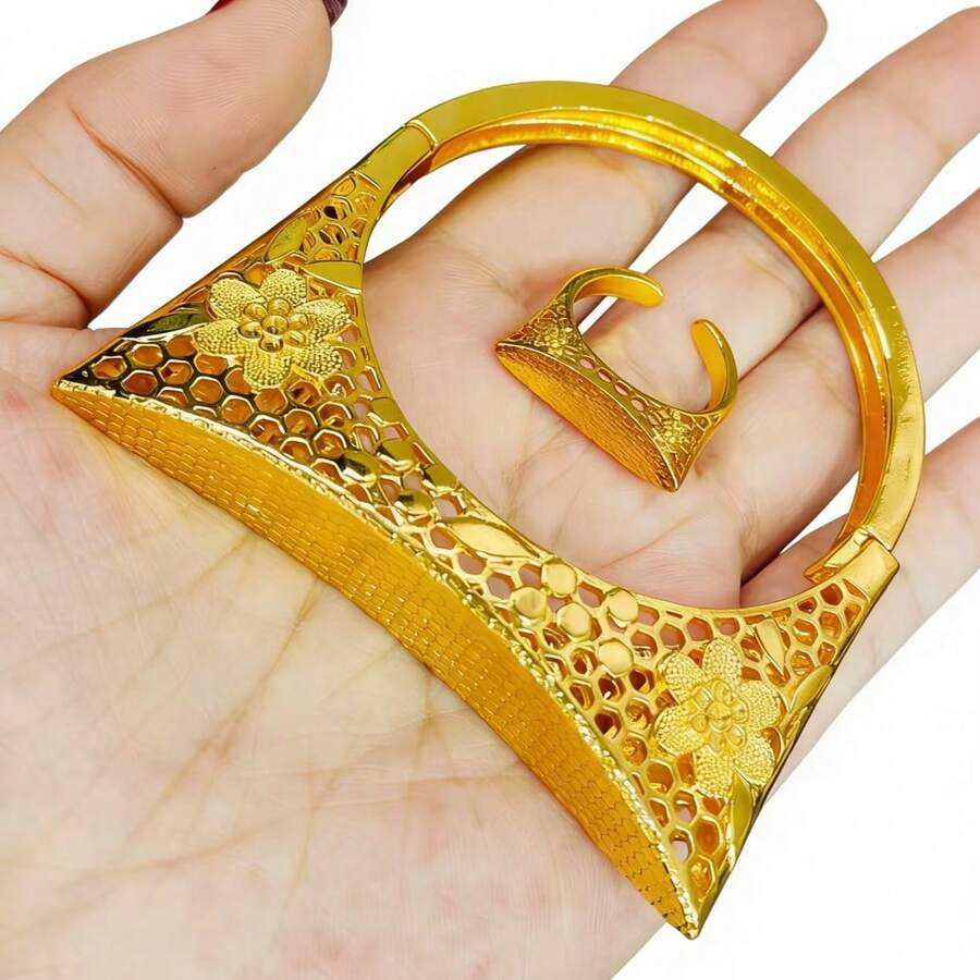 ANIID 2件套时尚女士镂空花朵铜手镯戒指首饰套装，中东迪拜欧洲及非洲新娘婚礼派对礼服配饰，情人节复活节节日礼物 - 金黃色 - 查看 1