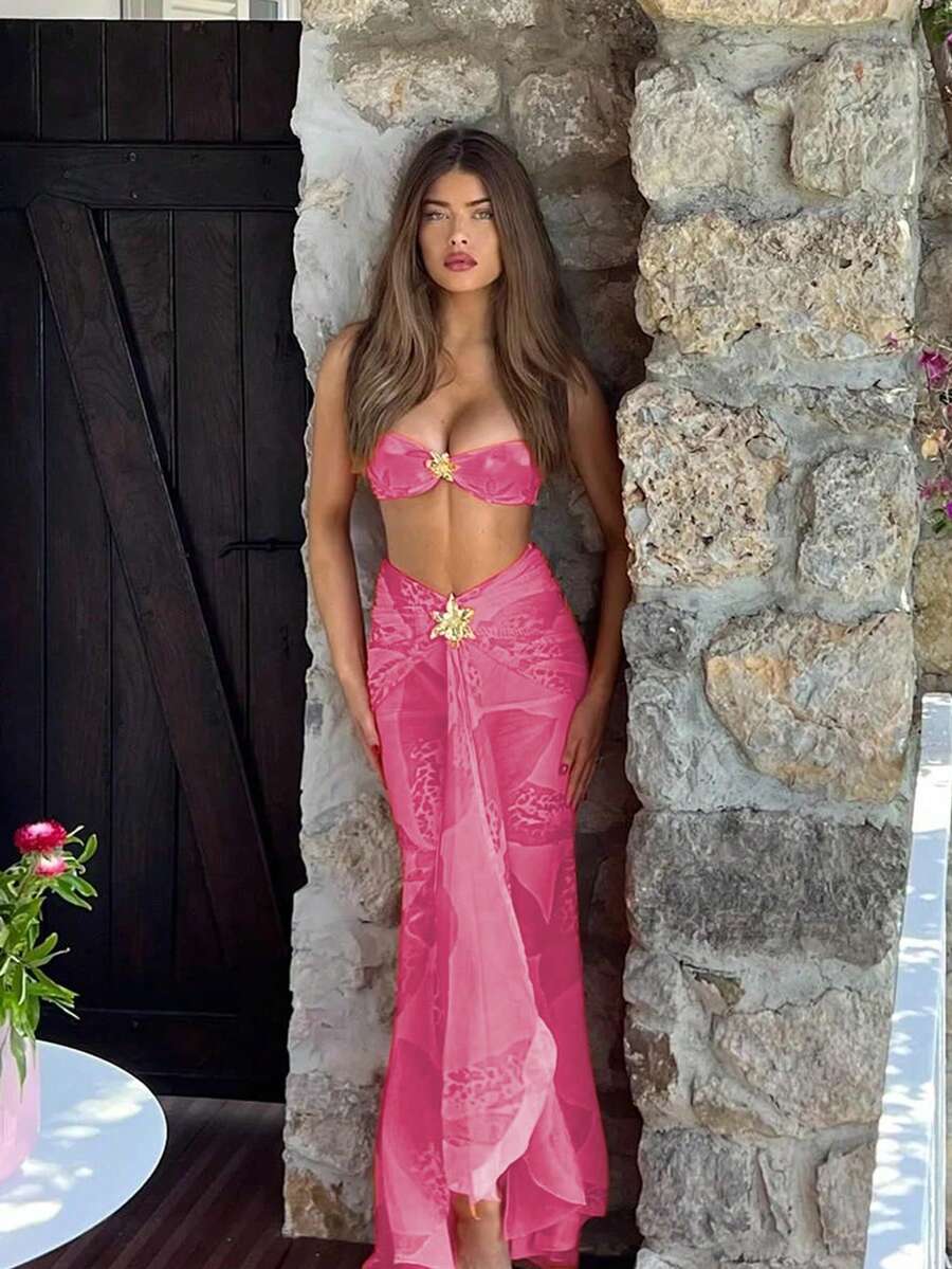 Hàng mới về: Bộ bikini hai mảnh in hoa gồm dây đeo vai và chân váy ngắn, kiểu dáng thanh lịch, thoải mái, gợi cảm, thích hợp cho kỳ nghỉ biển, hẹn hò, dự tiệc, màu hồng. - Hồng - Xem 1