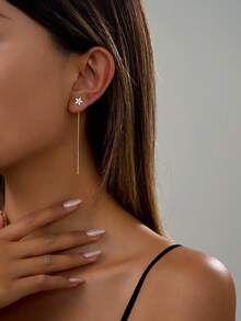 1 Đôi bông tai xỏ lỗ thời trang tối giản đính đá Zirconia hình ngôi sao tua rua - Vàng - Xem 1