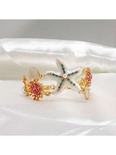 1 pieza de pulsera con estilo de estrella de mar y concha del océano, un brazalete con circonita de colores y perlas entrelazadas. Es una pulsera con cuentas de coral marino decorada con detalles de conchas, adecuada para la playa, el uso diario y el estilo de vacaciones en el océano
