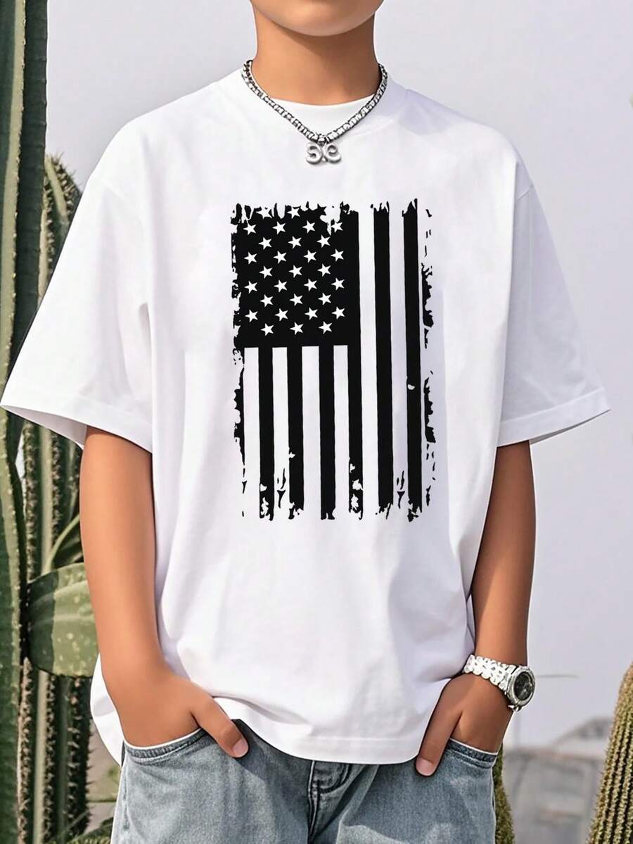 Boys & Teens' Casual Graphic Print Round Neck Short Sleeve T-Shirt, Summer Top - 白色 - 查看 1