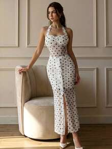 Women's Elegant White Polka Dot Halter Neck Mesh Ruched Slit Maxi Dress, Chic Sexy Evening Dress - White - View 1