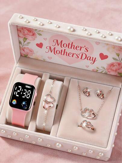 6/1 Piece. Fashionable, Simple, Elegant And Adorable Square Digital Display Rainbow Pattern Decorated Electronic Watch For Teenage Girls. Comes With A Double Heart Jewelry Set Including Necklace, Bracelet, Earrings And Ring. Perfect For Girls To Wear At Parties, Parties, Various Festivals. It Is Also An Excellent Gift Choice For Mothers/Friends On Mother's Day, Back-To-School Season, And Easter.