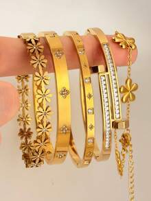 5Pcs/1pc Gold Plated Stackable Bracelet Set | Floral Crystal Bangle | Dainty Fashion Jewelry Gift For Her - Yellow Gold - View 8