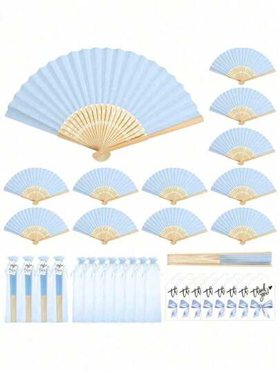 3/15/30件套，夏季系列婚礼礼品折扇，女士折扇，绿色蝴蝶结，透明束口袋，婚礼派对装饰。适用于新娘礼物、派对回礼、伴娘拍照道具、夏季扇子、活动和派对用品、多件装派对礼品袋。