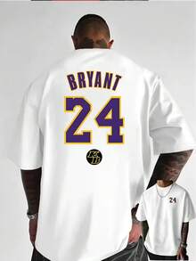 Branded T-Shirt With Personalized Number 24, Creative Lettering, Front And Back Print, Comfortable Fabric, Everyday Short-Sleeved Design, Exclusive Men's T-Shirt For Basketball Fans. - White - View 5