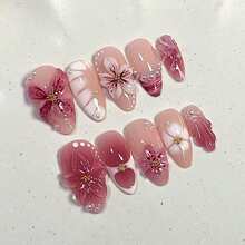 Spring Press On Nails Medium Almond Fake Nails Full Cover False Nails With Pink Flower Designs Acrylic Nail Press Ons Reusable Stick On Nails Glossy Pearl Glue On Nails For Women 24Pcs - nails09 - 查看 1