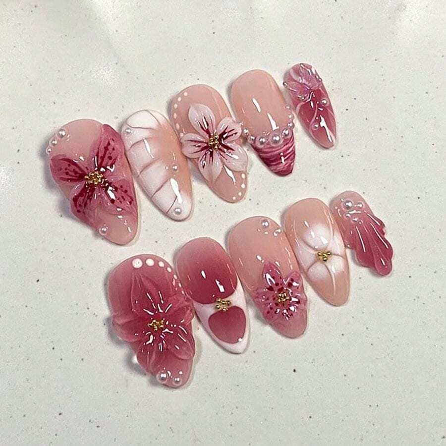 Spring Press On Nails Medium Almond Fake Nails Full Cover False Nails With Pink Flower Designs Acrylic Nail Press Ons Reusable Stick On Nails Glossy Pearl Glue On Nails For Women 24Pcs - nails09 - 查看 1