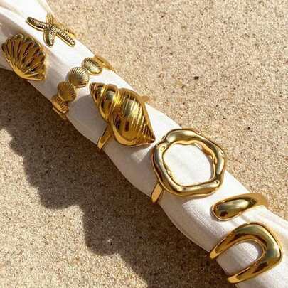 17KM Set de 5 anillos con diseño de estrella de mar y concha estilo bohemio, adecuado para mujeres, parejas, hermanas, playa, vacaciones, citas, uso diario, fiestas, bodas, regalo para mamá, amiga