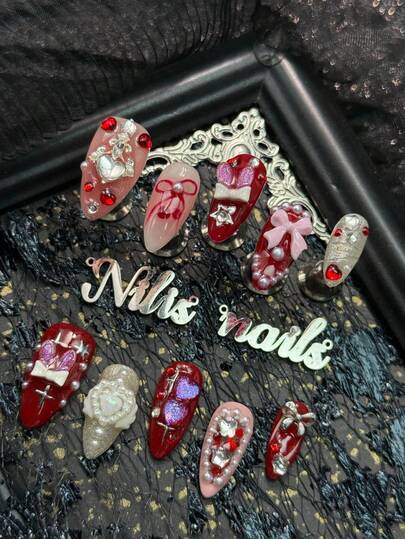10pcs Almond Nail Acrylic Kit, Red Nails, Hand Drawn Red Bow Pattern, Including Red, Beige, And Pink Nail Art Patterns, Pink Tie Dye, 3D Three-Dimensional Bow, Heart-Shaped Diamonds, Pearls, Stars, And Other Nail Accessories, With A Sweet And Dreamy Style, Y2K Style Nail Art Set,Suitable For Women And Girls For Parties&Party&Ceremonies And Daily Use(Includes:A Piece Of Jelly Glue And A Friction Strip) Nail Supplies