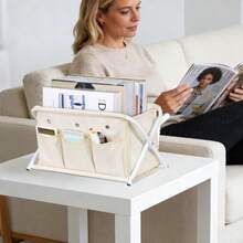 KEEGH - Soporte para revistas con 3 bolsillos revistero para libros periódicos cesta de almacenamiento para computadora sala de estar baño oficina - beige - Ver 5