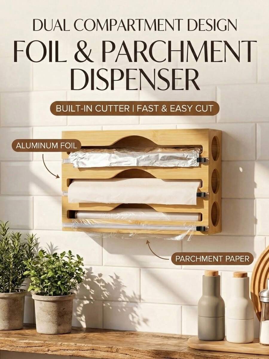 1 piece: Cling film cutter, wall-mounted bamboo and wood kitchen storage rack, foil box and paper towel holder, two-way sliding blade multi-layer organizer, 2-layer and 3-layer options, with hanging rod. - مشاهدة 1