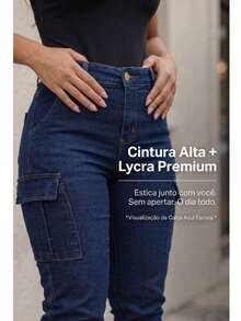 Stillger Moda Jeans Kit 2 Women's Cargo Jeans Jogger High Waist Butt Lifting Premium Pants With Lycra Side Pockets - 米色和深藍色 - 查看 2