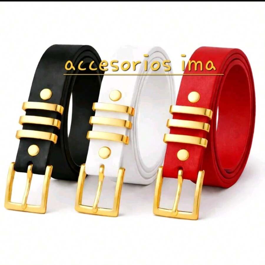 Set Of 3 Women's Belts With Square Buckle, Plus Size - negro, blanco, burdeos - Ver 1