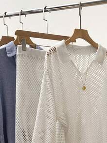 女士白色针织罩衫，镂空设计，夏季沙滩装，日常百搭 - 白色 - 查看 3