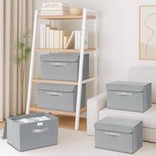 Scatola portaoggetti pieghevole in tessuto grigio con coperchio, organizer per vestiti, scatola portaoggetti per guardaroba, set da 2 - Grigio - Visualizzare 3