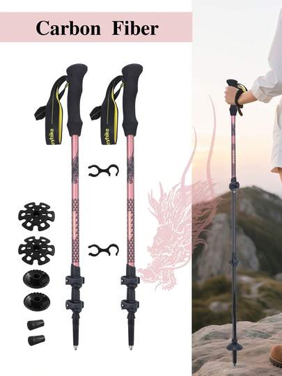 2pcs 100% Carbon Fiber Hiking Poles, Adjustable Trekking Sticks For Outdoor Hiking, Lightweight, Anti-Slip, Shock-Absorbing, Engraved Pattern, Suitable For Winter Snow Hiking