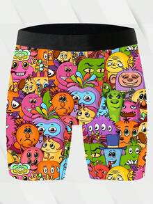 男士趣味平角内裤，卡通涂鸦印花，可爱怪兽主题，针织面料，宽松运动版型，透气吸汗，柔软亲肤，休闲运动平角内裤 - 彩色 - 查看 3