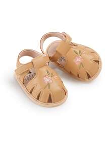 Sandalias planas de princesa con flor y suela blanda de cuero sintético para bebés/niñas pequeñas, verano - Camel - Ver 6