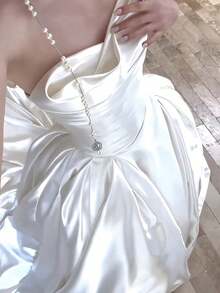 1 pieza de tela de satén blanco suave y sedoso, adecuado para vestidos de novia, textiles para el hogar, costura DIY - Blanco - Ver 5