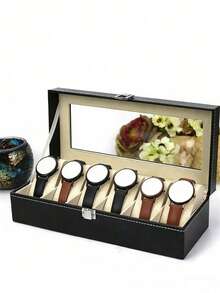 6格可上锁透明玻璃顶大容量男女手表收纳盒，黑色PU皮革珠宝手表展示盒 - 彩色 - 查看 6