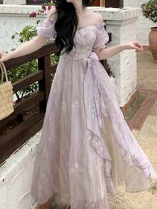 优雅休闲A字碎花派对生日连衣裙，女士复古无袖中长款夏季紫色雪纺毕业礼服，新款吊带连衣裙 - 紫丁香色 - 查看 4