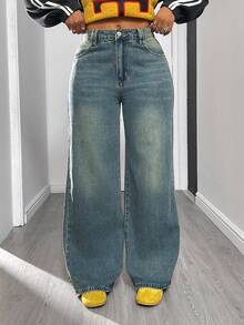 Quần jeans nữ ống rộng tối giản, có túi cài phía trước, thích hợp cho kỳ nghỉ xuân. - Màu xanh cổ điển - Xem 5