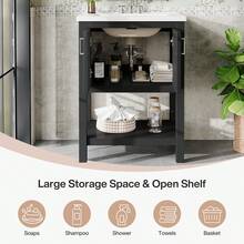 24" Bathroom Vanity With Ceramic Sink, Freestanding Solid Wooden Frame Vanity With Porcelain Basin, Industrial,2-Door Storage Cabinet & Open Shelf For Small Place Bathroom Accessories,Black - 黑色的 - 查看 5