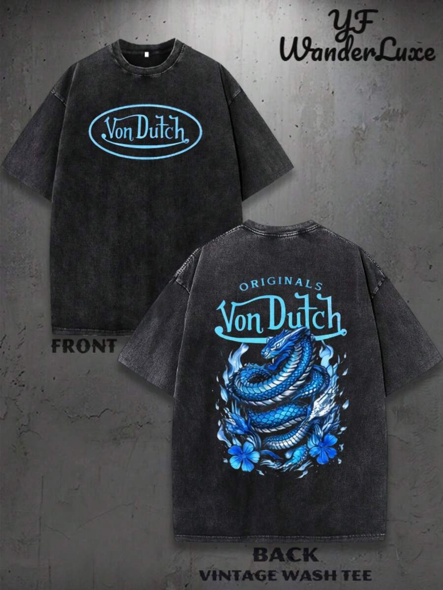 Men Washed Cotton Streetwear Brand Originals Vons Dutchs Snake And Clover Print Casual Tee For Daily Wear Outdoors | Front And Back Print | Vintage Heavyweight T Shirt | Perfect Gift | Loose Comfortable Breathable | Machine Washable Fabric | Hip Hop Cool Style | Drippy Clothes | Y2K - 黑色 - 查看 1