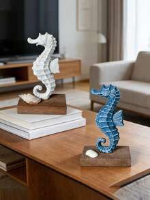 2件/套 复古航海海马摆件，树脂海岸风桌面摆件，带木质底座，蓝白海洋主题雕塑，适用于家居、客厅、卧室、办公室书架装饰、派对装饰、海滨别墅时尚摆件 - 2pcs - 查看 6