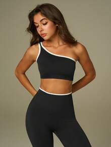 UONNOU 两件套女士无缝单肩露脐运动上衣+高腰塑形紧身裤套装，时尚健身瑜伽休闲服 - 黑色 - 查看 5