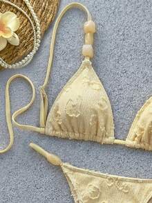 Bikinx Casual Cute Women's Bikini Set With Textured High Stretch Fabric Beaded Spaghetti Strap And High Cut Bottom Tie Back Details - Yellow - View 2