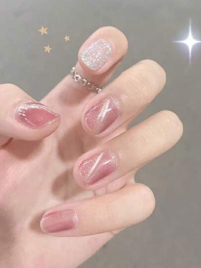 Enhance Your Elegance, Fashion False Nails, 24pcs Round Nail Tips, Pink Nail Plates, Wear-On Nails, Girl Style, 1pc Jelly Gel + 1pc Nail File