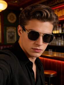 一副男士光滑金色不对称时尚眼镜，金属材质，防晒，酷炫都市风格，日常通勤款 - 彩色 - 查看 1