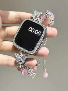 1pc Women's Pink Metallic Delicate Niche Butterfly Pendant Beaded Rhinestone Watch Band, Suitable For 38/40/41/44/45/49/42/46mm S11/SE3/Ultra3/Ultra/SE/SE2/10/9/8/7/6/5/4/3/2/1 - Pink Silver Chain - View 7
