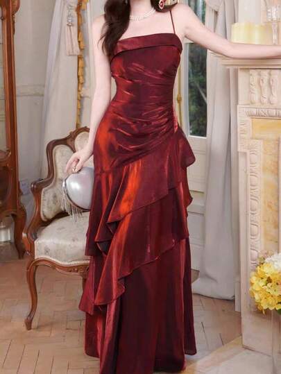 女士优雅酒红色毕业/舞会修身连衣裙，适合派对、正式晚宴、婚礼宾客等场合，复古正式礼服