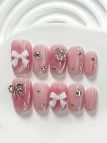 10件套手工3D蝴蝶结、闪亮水钻星星、镂空爱心水钻美甲装饰、亮片美甲贴纸，可爱美甲装饰，包含指甲锉和果冻贴纸（适合方形、短矩形、杏仁形指甲） - 彩色 - 查看 18