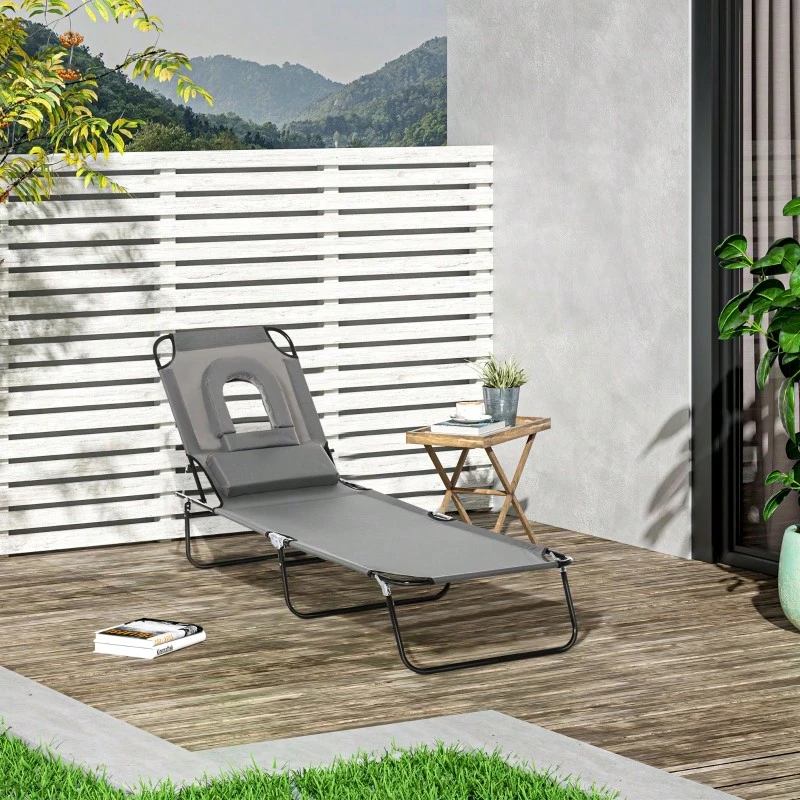 Sun Lounger With Face Opening And Cushion, Foldable, Water-Repellent Cover, Metal Frame, Dark Grey. - Dark Gray - View 1