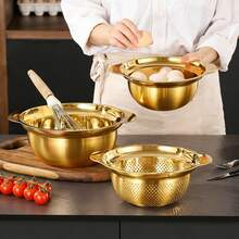 2pcs Stainless Steel Kitchen Set - Includes Thick Multi-Function Colander And Steamer Basket, Suitable For Rinsing Rice, Fruits, Pasta, Soup Pot And Whisk | Dishwasher , Anti-Rust, Space-Saving Design - Golden Drain Net - View 5