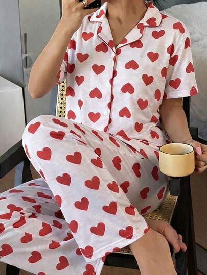 Women Printed Fabric Relaxed Cottonline Short Sleeve Shirt Regular Homewear Set