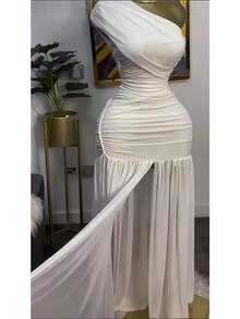 Women's Spring 2026 New Solid Color Sleeveless Slanted Collar Pleated Slim Split Long Dress - White - View 3