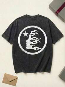 2026 Summer TopsShooting Star Logo Graphic Tee Unisex Couple Matching Boyfriend Style Hell Star Y2K Streetwear Aesthetic Acid Washed Cotton Graphic Tees Men Oversized T Shirt Summer Fits Camisetas Para HombreLoose And Comfortableshirt - Black - View 4