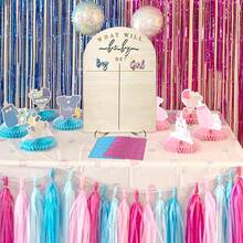 Wooden Baby Gender Reveal Voting Board With Stand, Decorative Gender Guessing Game, Gender Reveal Party Creative, Gender Reveal Party Game, Baby Gender Reveal Voting Board Sign, 1pc 12"X17" Game Board + 1pc 12" Stand + 50pcs 1" Guessing Icons (25 Blue + 25 Pink) Boy Or Girl? - Clothes and Bows - View 5